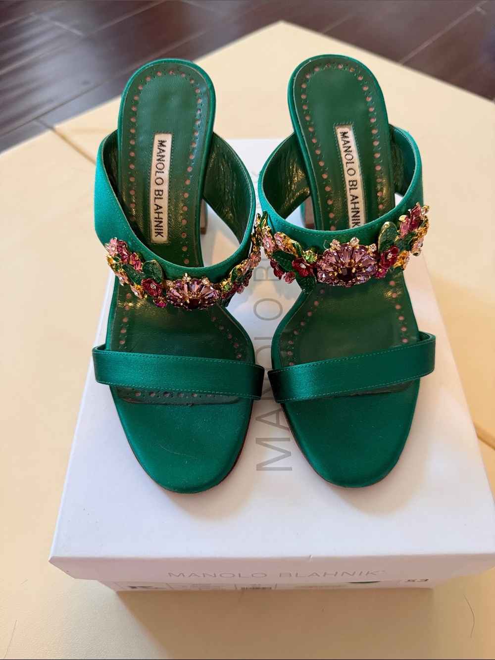 Manolo Blahnik Green Satin Jeweled Slide Sandals